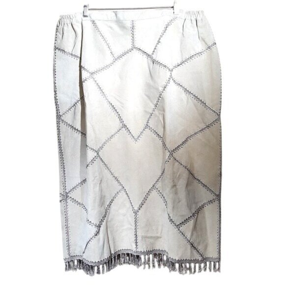 Tan Suede Skirt Suit Womens 4X Midi Crochet Patchwork - Picture 4 of 8